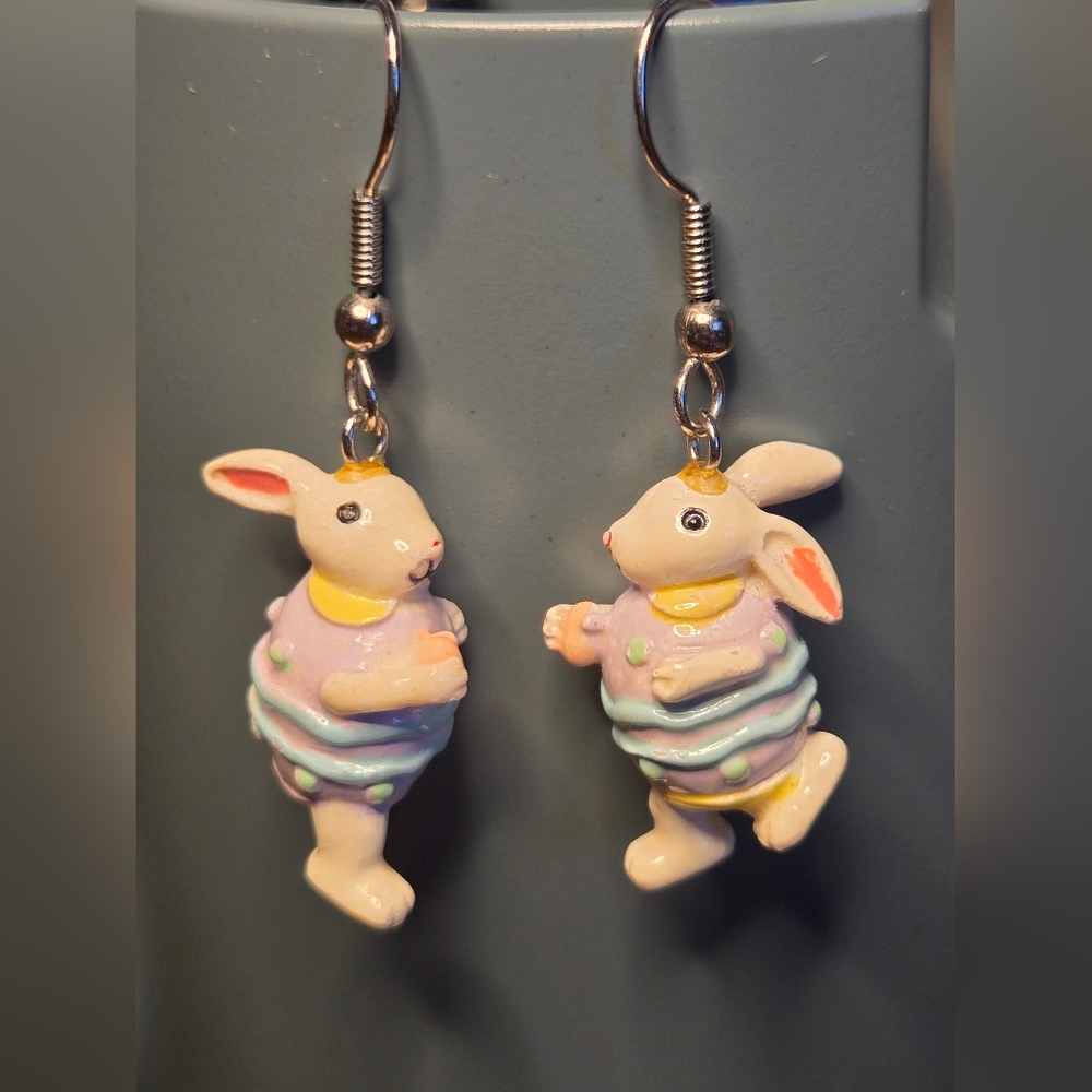 Bunnies Dressed As Easter Eggs Dangle Earrings with Pastel Colors - Picture 2 of 8
